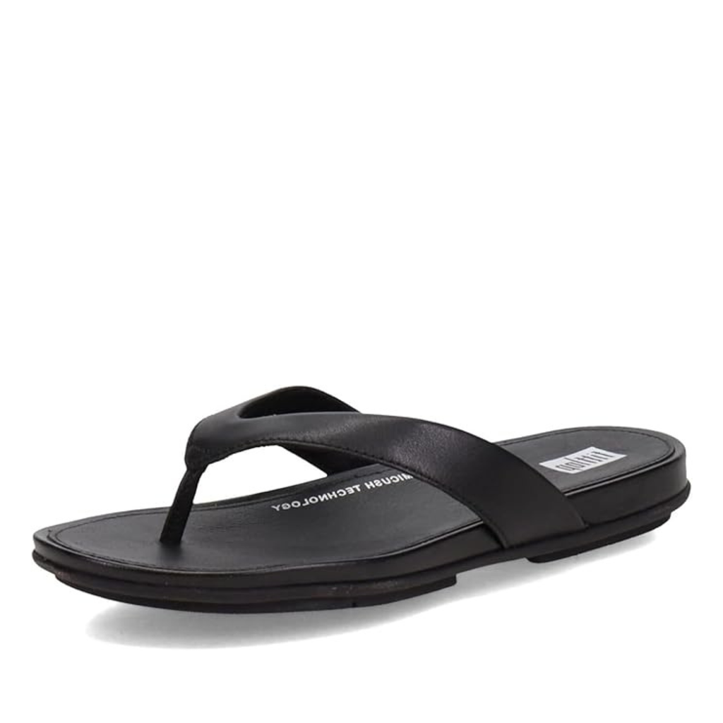 FitFlop Women's Gracie Leather Flip-Flops - All Black - Dynamicush Cushioning, Slip-Resistant