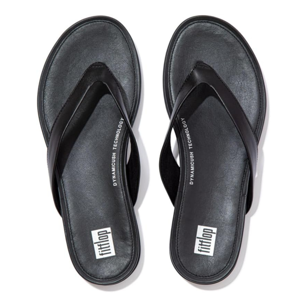 FitFlop Women's Gracie Leather Flip-Flops - All Black - Dynamicush Cushioning, Slip-Resistant