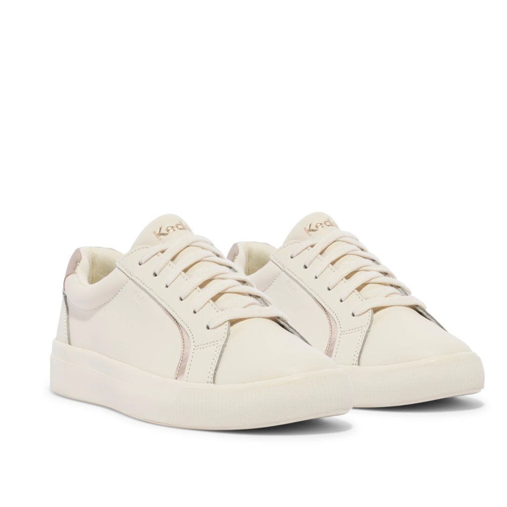 Keds Women's Pursuit Leather Lace-Up Sneaker - Egret/Champagne - Softerra Footbed, Modern Court
