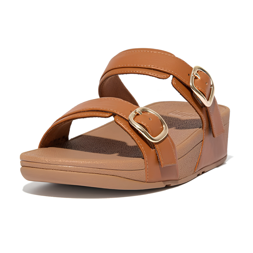 FitFlop Women's Lulu Adjustable Leather Slide Sandal - Light Tan - Microwobbleboard Midsole
