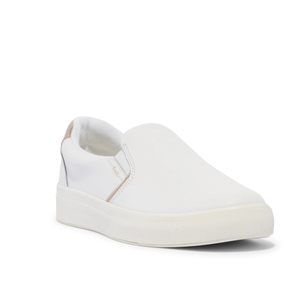 Keds Women's Pursuit Leather Slip-On Sneaker - Egret/Champagne - Softerra Footbed, Modern Court
