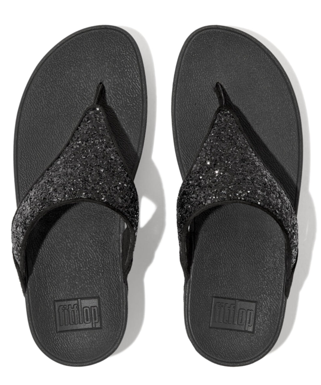 FitFlop Women's LULU Glitter Toe-Post Sandal, Black Glitter