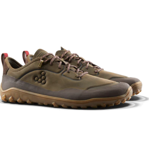 Pair of brown hiking shoes on a white background